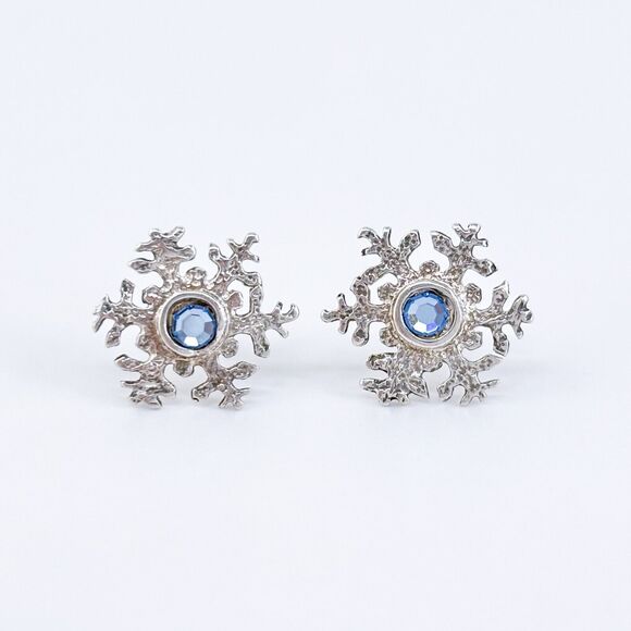 Vintage Sterling Silver 925 Crystal Snowflake Stud Earrings - Picture 2 of 6